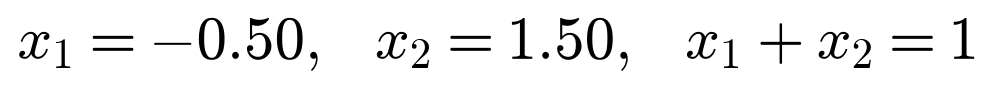 x1 equals negative 0.50, x2 equals 1.50, x1 plus x2 equals 1